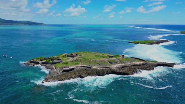 Aerial view of Ile aux Fouquets ruins Mauritius.