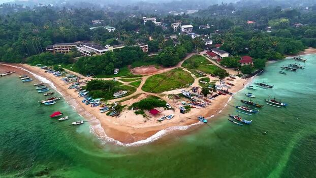 Aerial view of fishing boats on the coast of Sri Lanka.