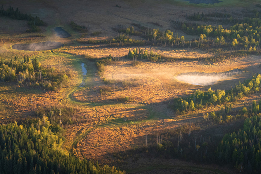 Aerial view of Chugach State Park featuring golden autumn tundra mist rising from small ponds and dense coniferous forest under soft morning light in Anchorage Alaska United States. Aerial view of Chugach State Park featuring golden autumn tundra mist rising from small ponds and dense coniferous forest under soft morning light in Anchorage Alaska United States.