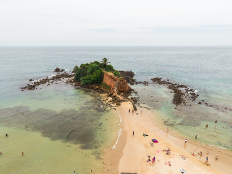 Aerial view of Parrot Rock a small rocky outcrop with lush vegetation connected to a sandy beach with people swimming and sunbathing in Mirissa Southern Province Sri Lanka. Aerial view of Parrot Rock a small rocky outcrop with lush vegetation connected to a sandy beach with people swimming and sunbathing in Mirissa Southern Province Sri Lanka.
