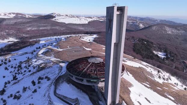 Aerial view of Buzludzha Monument Bulgaria.