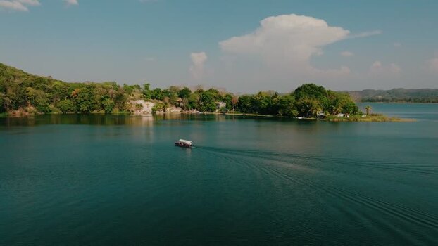 Aerial view of Island of Flores on Lake Peten Itza Guatemala.