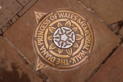London United Kingdom 12 May 2025 View of the Diana Princess of Wales Memorial Walk plaque embedded in the stone pavement.