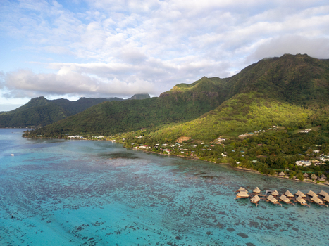 Aerial view of Sofitel Kia Ora Moorea Beach Resort with overwater bungalows over a turquoise lagoon near lush green mountains and coral reefs in Moorea Maiao Windward Islands French Polynesia. Aerial view of Sofitel Kia Ora Moorea Beach Resort with overwater bungalows over a turquoise lagoon near lush green mountains and coral reefs in Moorea Maiao Windward Islands French Polynesia.