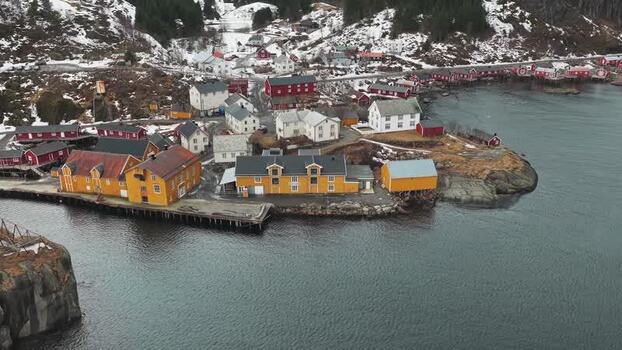 Aerial view of Nusfjord fishing village Norway.