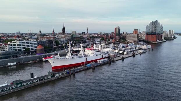 Aerial view of Cap San Diego and Elbphilharmonie in Hamburg Germany.
