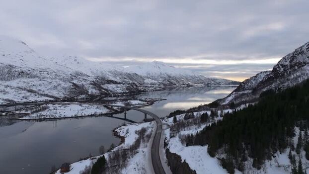 Aerial view of Lofoten bridge in Vagan Municipality Norway.