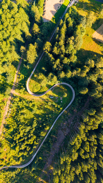 Aerial view of the natural luge track winding through a dense coniferous forest with lush green trees and golden sunlight in Smrzovka Liberecky kraj Czechia. Aerial view of the natural luge track winding through a dense coniferous forest with lush green trees and golden sunlight in Smrzovka Liberecky kraj Czechia.