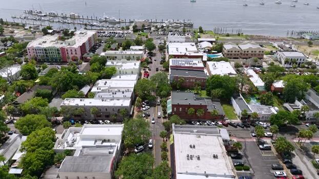 Aerial view of marina and city United States. Aerial view of marina and city United States.