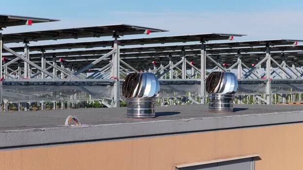 Aerial view of solar panels on a rooftop in Faenza Italy.