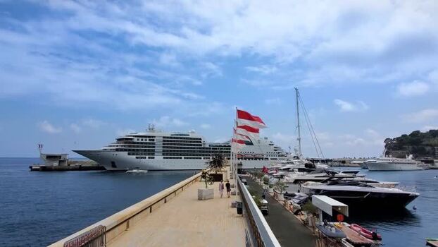 View of a cruise ship docked at the harbor in Monaco.