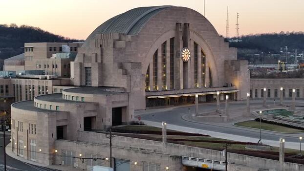 Aerial view of Cincinnati Union Terminal with its Art Deco facade United States.