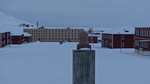 Aerial view of Lenin bust in Pyramiden Svalbard and Jan Mayen.