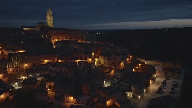 Aerial view of Sassi di Matera at night Italy.