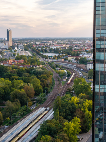 Aerial view of the railway tracks running through lush greenery near Berlin Treptower Park in Berlin Berlin Germany. Aerial view of the railway tracks running through lush greenery near Berlin Treptower Park in Berlin Berlin Germany.