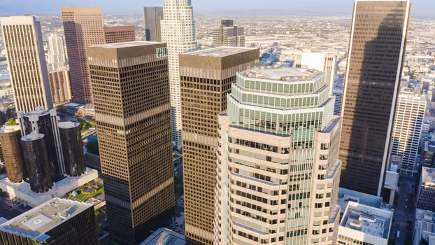 Aerial view of modern skyscrapers and office buildings in the downtown area of Los Angeles California United States.