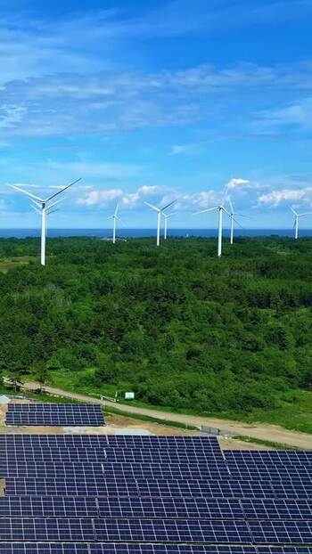 Aerial view of solar farm and wind turbines in Estonia. Aerial view of solar farm and wind turbines in Estonia.