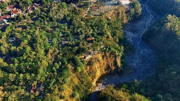 Aerial view of Nawang Jagad in the lush highlands of Indonesia.