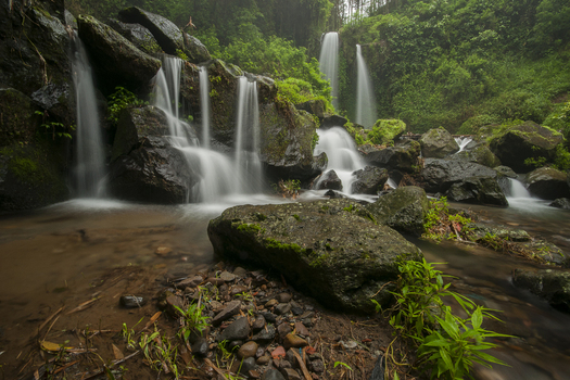 View of Air Terjun Grenjengan Kembar waterfall cascading over dark rocks surrounded by lush green forest in Kecamatan Pakis Jawa Tengah Indonesia.