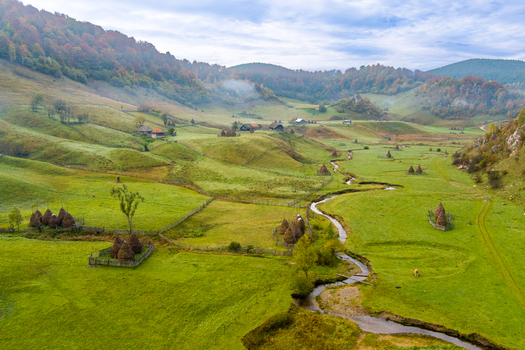 Aerial view of Fundatura Ponorului with its winding stream traditional haystacks and wooden fences set in the green meadows of Ohaba Ponor Hunedoara Romania.