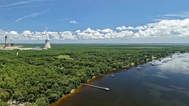 Aerial view of the Seminole Electric power plant with its cooling tower and smokestacks situated near a dense forest and a river with wooden docks in Palatka Florida United States.
