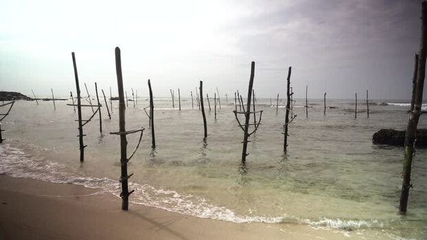 View of traditional stilt fishing poles in the ocean Sri Lanka.