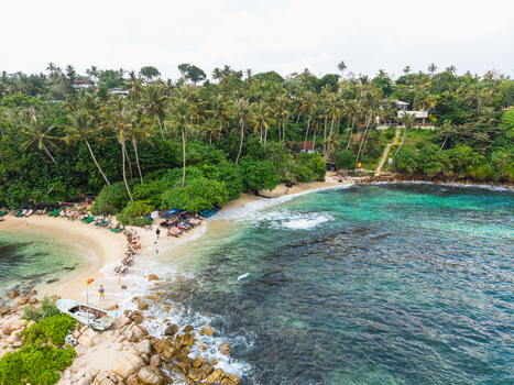Aerial view of Secret Beach Mirissa with turquoise waters lush palm trees and people relaxing on the sand Mirissa Southern Province Sri Lanka. Aerial view of Secret Beach Mirissa with turquoise waters lush palm trees and people relaxing on the sand Mirissa Southern Province Sri Lanka.