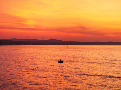 Aerial view of a lone fisherman in a small traditional boat on the calm sea during a vibrant golden sunset with wind turbines on the horizon in Vietnam. Aerial view of a lone fisherman in a small traditional boat on the calm sea during a vibrant golden sunset with wind turbines on the horizon in Vietnam.