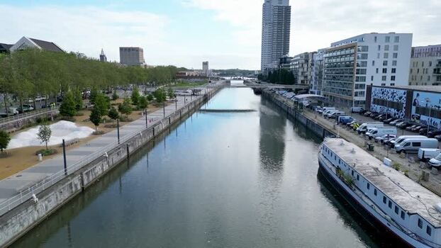 Aerial view of the canal and modern buildings in Brussels Belgium.