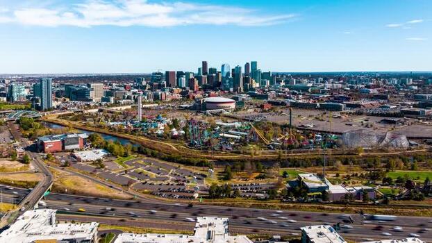 Aerial view of Denver skyline and amusement park United States.