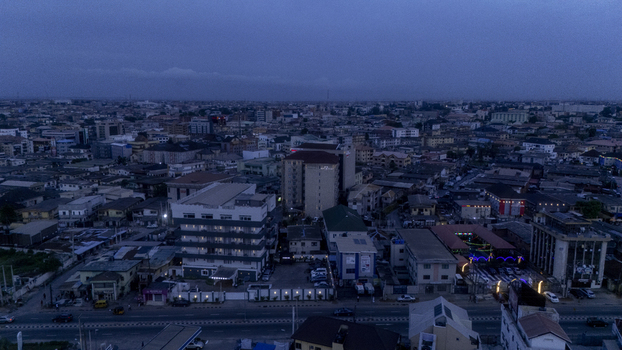 Aerial view of Allen Avenue and the urban landscape at twilight with city lights and dense buildings in Ikeja Lagos Nigeria. Aerial view of Allen Avenue and the urban landscape at twilight with city lights and dense buildings in Ikeja Lagos Nigeria.