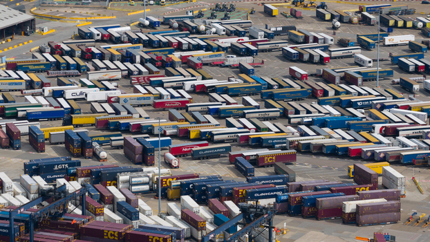 Purfleet on Thames United Kingdom 10 July 2026 Aerial view of Purfleet Container Terminal showing rows of shipping containers and trailers parked in a logistics yard.