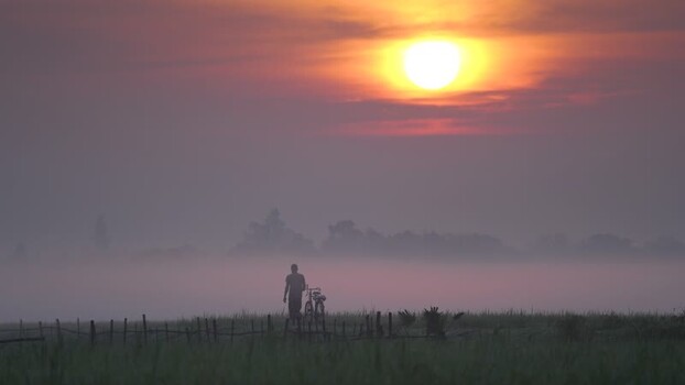 View of a man with a bicycle in a misty field at sunrise Bangladesh. View of a man with a bicycle in a misty field at sunrise Bangladesh.