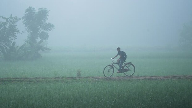 View of a person riding a bicycle through a foggy field Bangladesh.