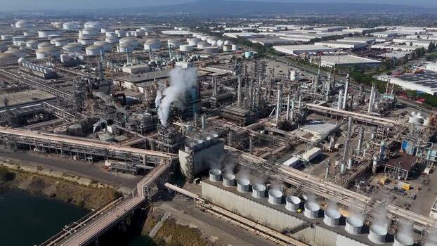 Aerial view of oil refinery complex in Carson United States.