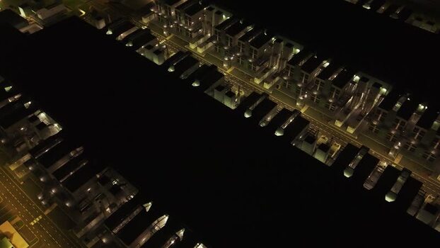 Aerial view of data center at night in Netherlands.