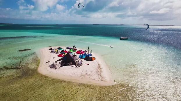 Aerial view of kitesurfers at Los Roques archipelago Venezuela.