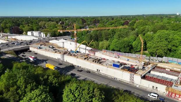 Aerial view of A7 motorway construction in Bahrenfeld Germany.