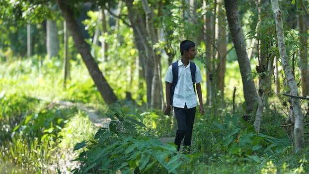 View of a student walking through a lush forest in Bogura Bangladesh. View of a student walking through a lush forest in Bogura Bangladesh.