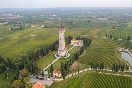 Aerial view of the historic Tower of San Martino della Battaglia rising above the surrounding vineyards and cypress trees in San Martino della Battaglia Lombardia Italy. Aerial view of the historic Tower of San Martino della Battaglia rising above the surrounding vineyards and cypress trees in San Martino della Battaglia Lombardia Italy.