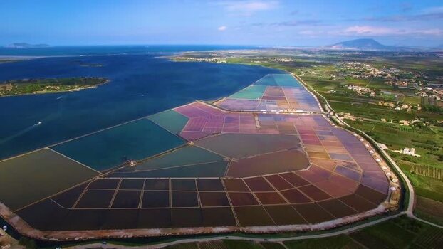 Aerial view of salt pans in Sicily Italy.