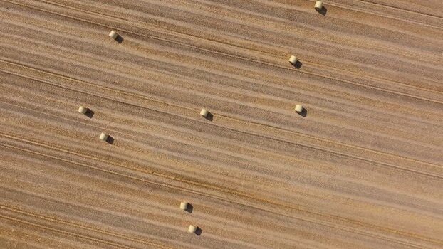 Aerial view of hay bales in a field Germany.