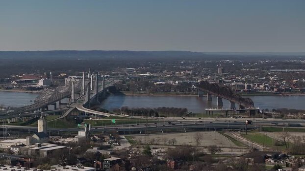 Aerial view of bridges crossing the Ohio River United States. Aerial view of bridges crossing the Ohio River United States.