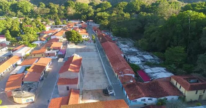 Aerial view of the village of Cepe with red tiled roofs Venezuela.