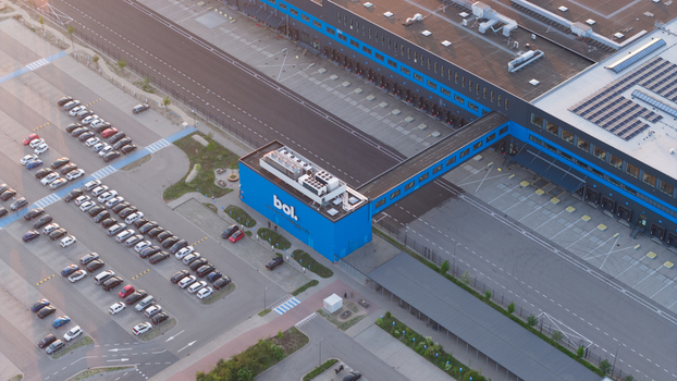 Waalwijk Netherlands 09 May 2026 Aerial view of the Bol.com distribution center with its large blue warehouse parking lot and industrial infrastructure. Waalwijk Netherlands 09 May 2026 Aerial view of the Bol.com distribution center with its large blue warehouse parking lot and industrial infrastructure.