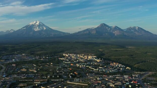 Aerial view of Petropavlovsk Kamchatskiy and volcanoes Russia.