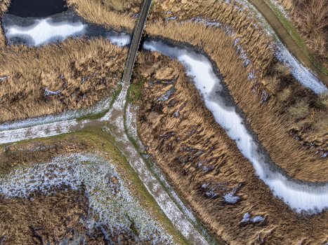 Aerial view of a serene waterway cutting through golden reeds and snow dusted landscapes under a bridge Kromslootpark Almere Flevoland Netherlands. Aerial view of a serene waterway cutting through golden reeds and snow dusted landscapes under a bridge Kromslootpark Almere Flevoland Netherlands.