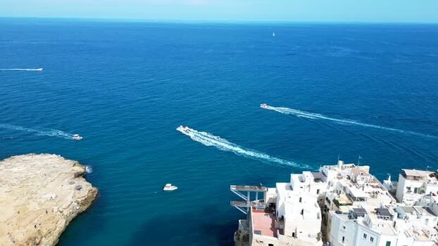 Aerial view of Polignano a Mare coastline Italy.