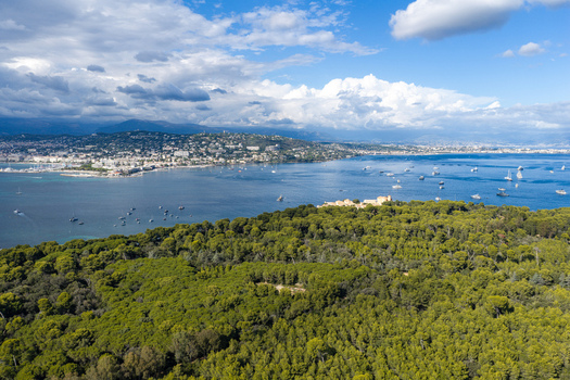 Aerial view of Ile Sainte Marguerite with its dense pine forests and historic fort overlooking the Mediterranean Sea towards the coastal city of Cannes Provence Alpes Cote d Azur France. Aerial view of Ile Sainte Marguerite with its dense pine forests and historic fort overlooking the Mediterranean Sea towards the coastal city of Cannes Provence Alpes Cote d Azur France.