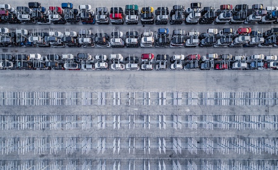 Livron sur Drome France 20 June 2026 Aerial view of a vehicle salvage yard with rows of damaged and end of life cars stored in metal racks. Livron sur Drome France 20 June 2026 Aerial view of a vehicle salvage yard with rows of damaged and end of life cars stored in metal racks.